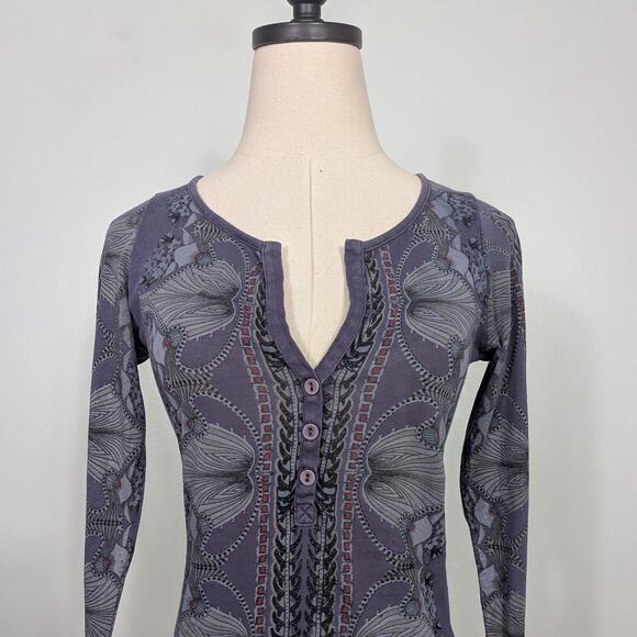 Y2K Henley Long Sleeve Top S Blue Floral Twilightcore Elena Bella Boho Vneck - Picture 5 of 11